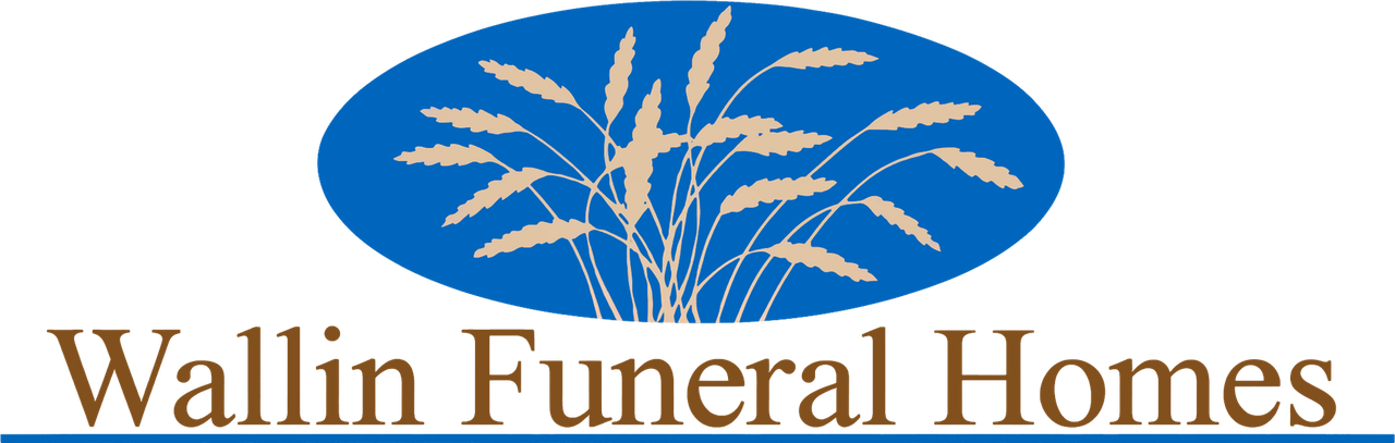 Wallin Funeral Homes logo with blue oval and wheat stalks above brown text