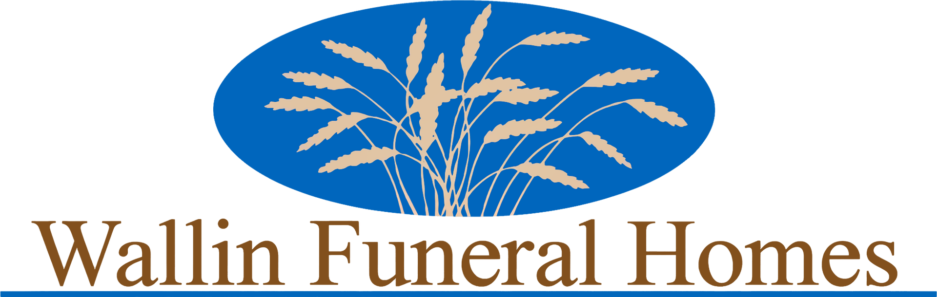 Wallin Funeral Homes logo with blue oval and wheat stalks above brown text