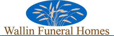 Wallin Funeral Homes logo with blue oval and wheat stalks above brown text