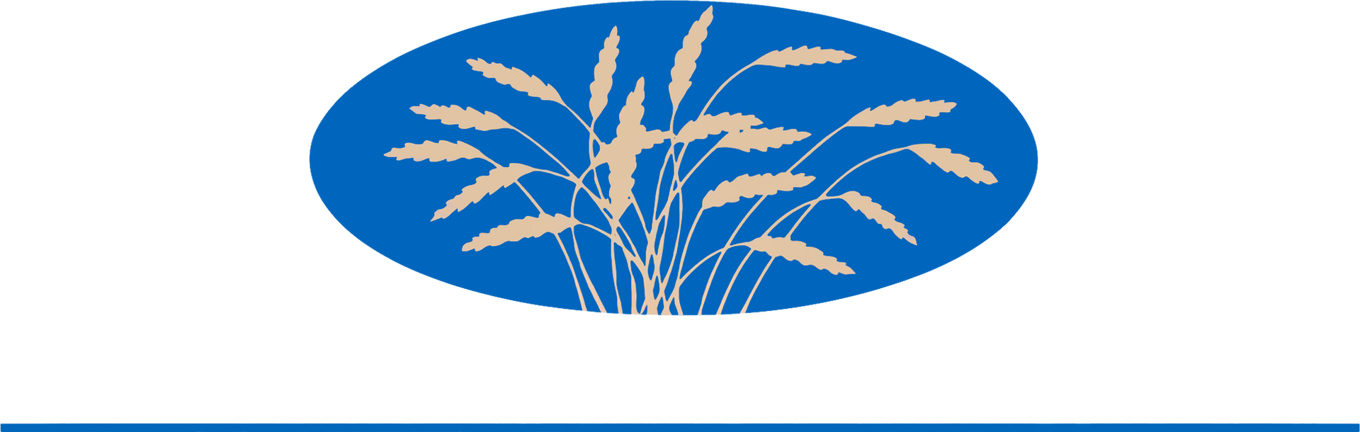 Blue oval logo with beige wheat stalks and white stripes on a white background