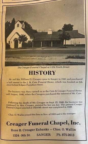 Vintage sepia flyer showing a church and funeral chapel with a “HISTORY” heading and small text.
