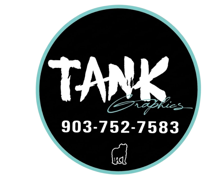 Black circular Tank Graphics logo with teal border and phone number 903-752-7583