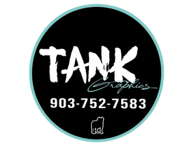 Black circular Tank Graphics logo with teal border and phone number 903-752-7583.