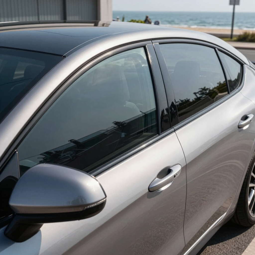 Silver sedan parked near the ocean with a side view of the front door and mirror