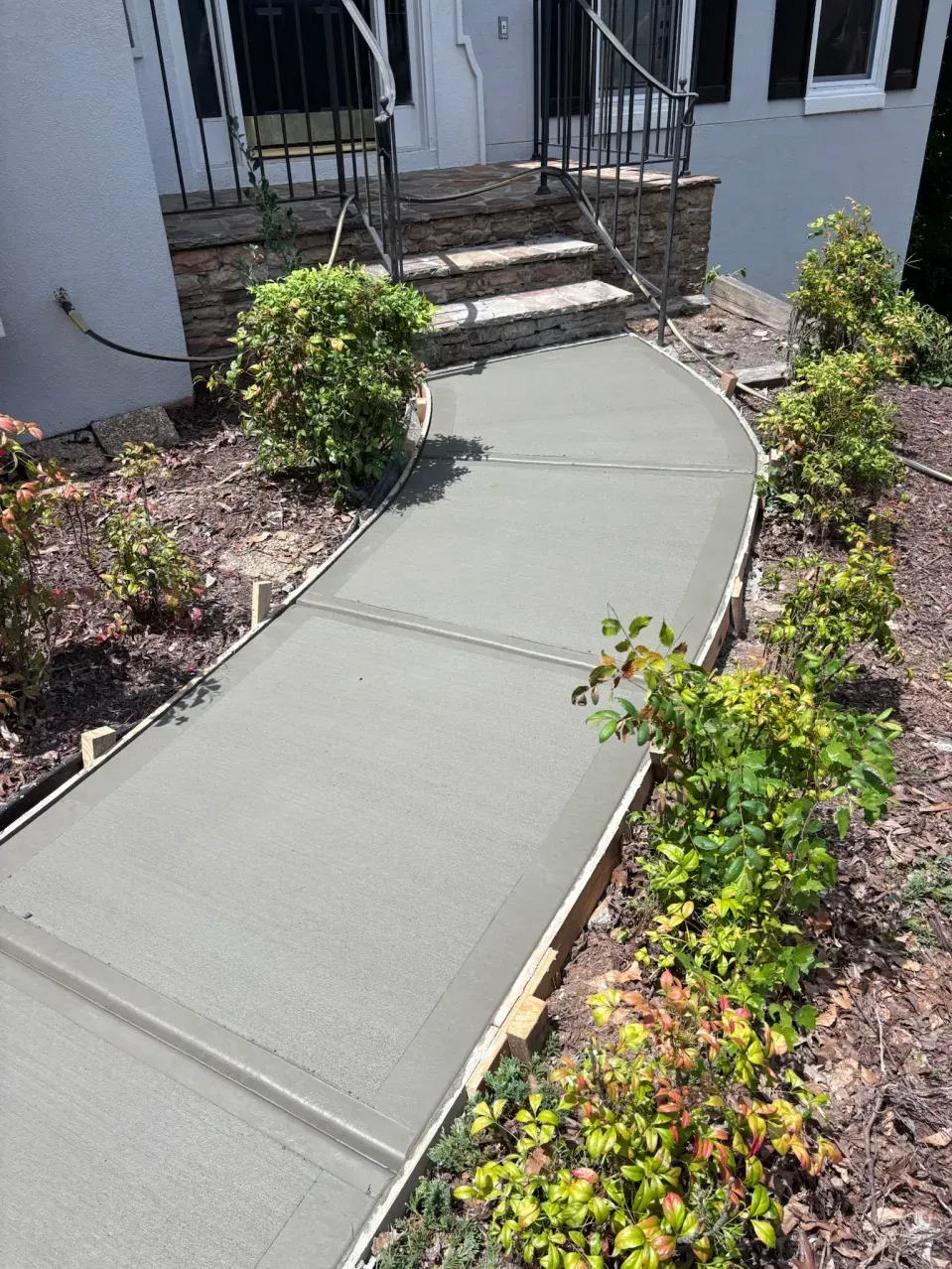 A newly poured concrete walkway leading to the front steps of a house with shrubs and mulch on both sides.