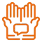 An orange outline icon showing two open hands side-by-side with a speech bubble centered between them.