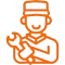 An orange line-art icon of a smiling technician wearing a cap and holding a wrench.
