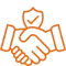 An orange line-art icon showing two hands shaking below a shield with a checkmark, symbolizing a secure agreement.