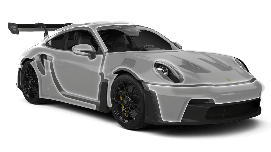 Silver Porsche 911 GT3 RS sports car with a large rear wing.