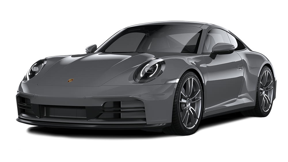 Gray Porsche 911 sports car parked at an angle against a white background.