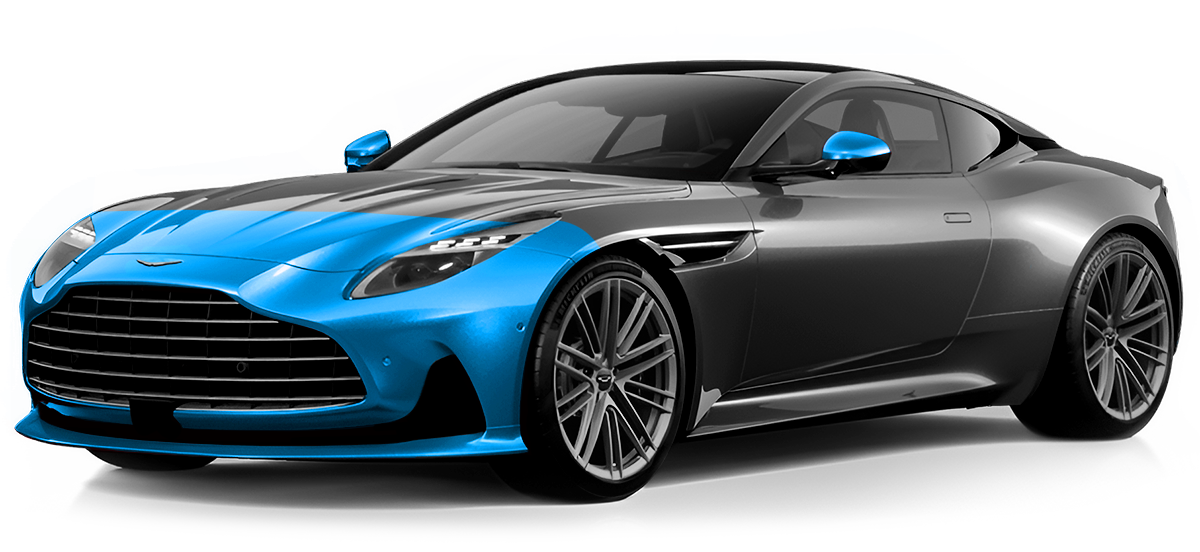 A gray sports car with blue accents on the front.