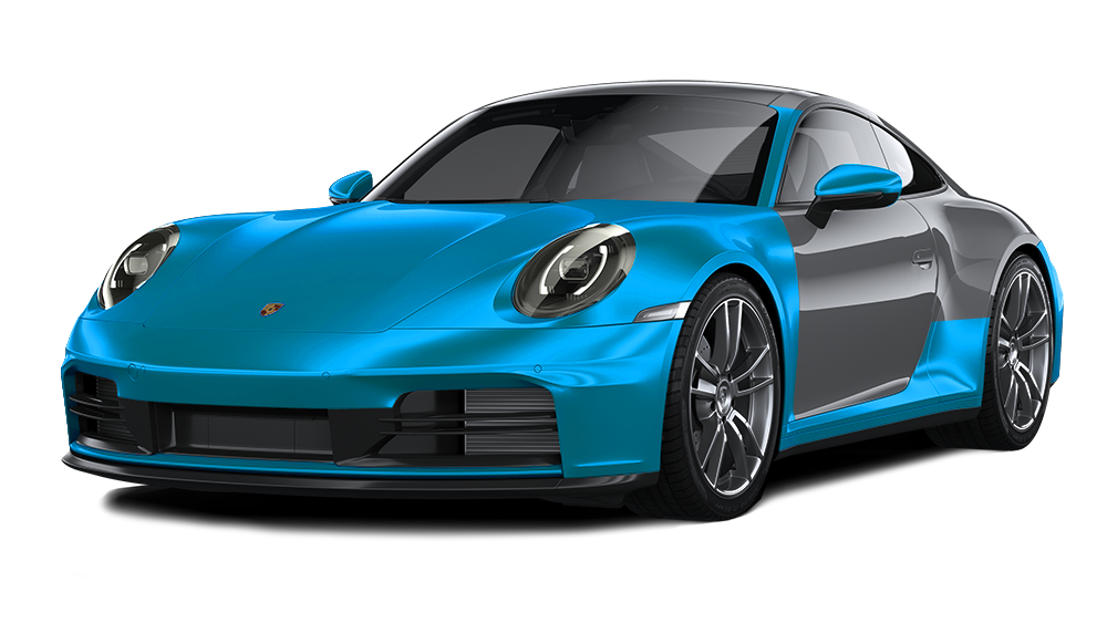 Blue and gray Porsche 911 coupe; half in blue, half in gray.