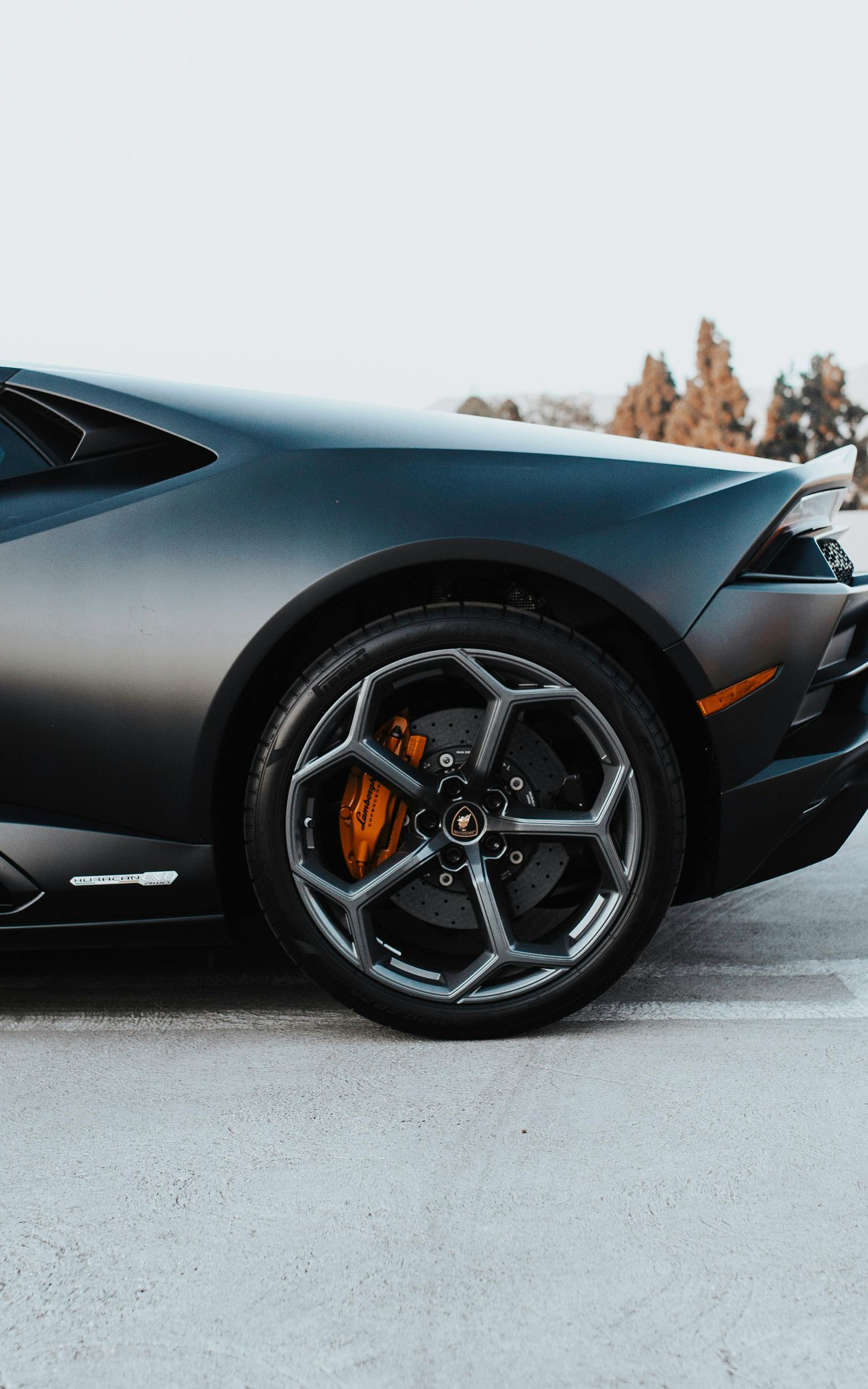 Dark gray Lamborghini with a detailed gray wheel and orange brake calipers.
