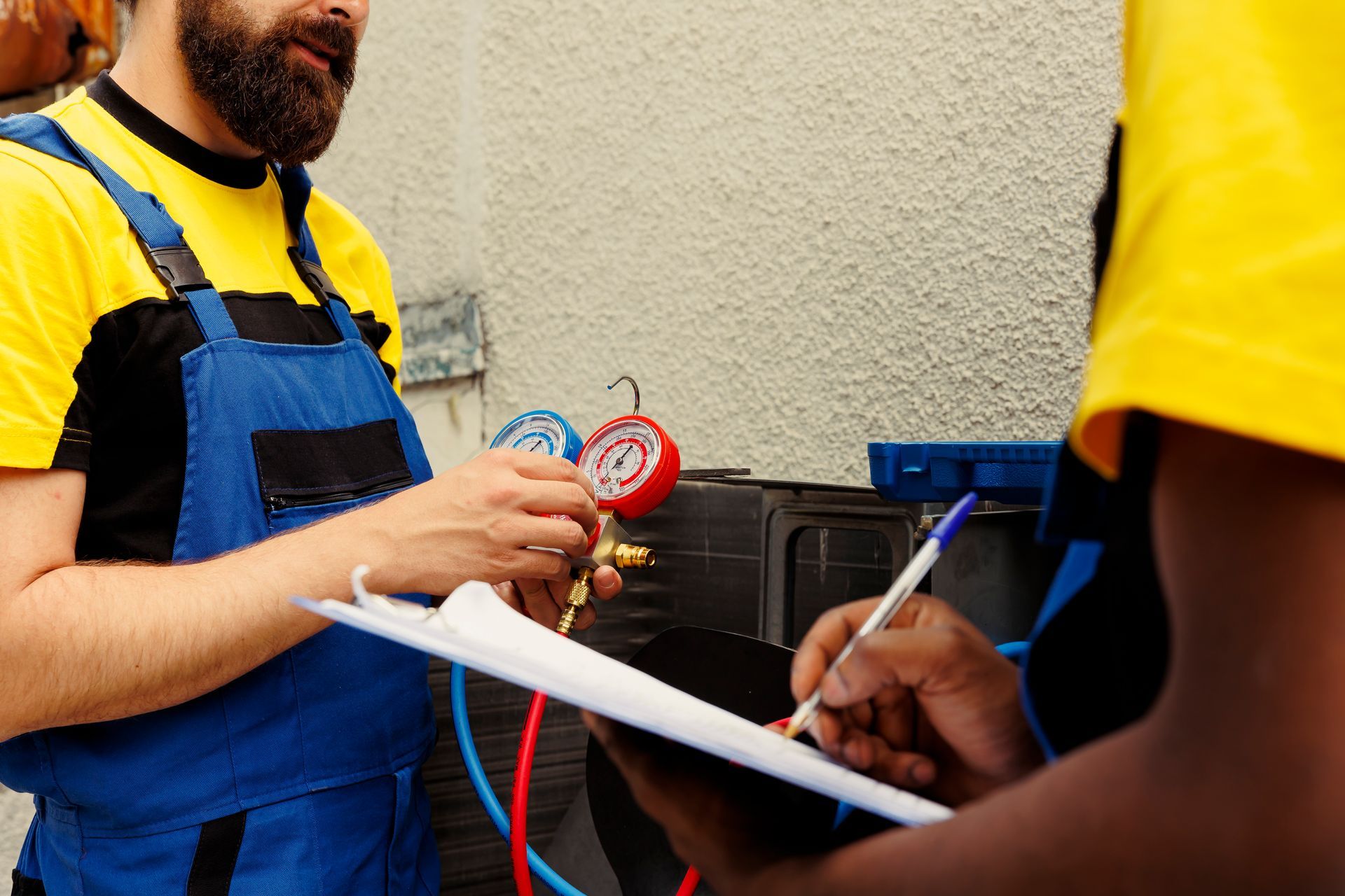 A man in a yellow shirt is holding a clipboard and a man in a blue jumpsuit is holding a gauge.