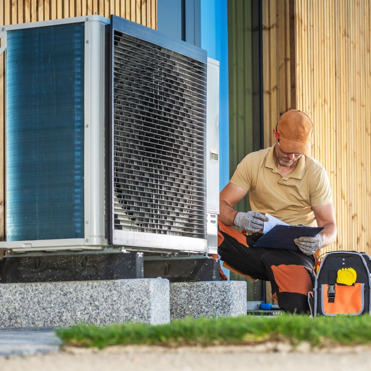 A man is working on an air conditioner outside of a building.