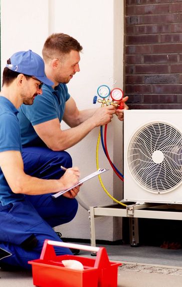 Two men are working on an air conditioner outside of a building.