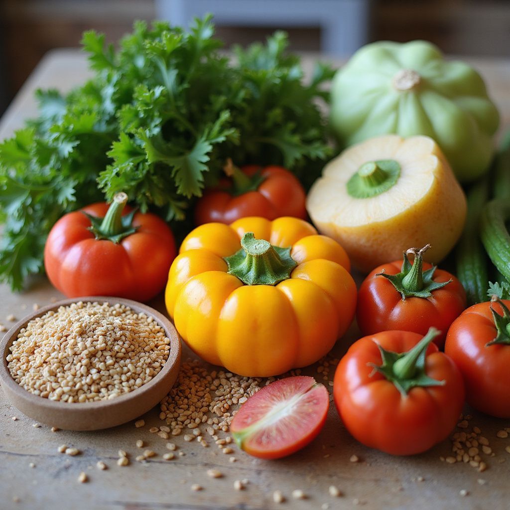 A wooden table displaying colorful vegetables: tomatoes, squash, and parsley, along with a bowl of grain.