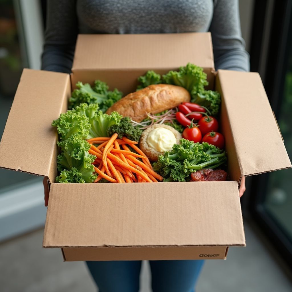 Person holding open cardboard box filled with fresh produce: bread, tomatoes, carrots, lettuce.