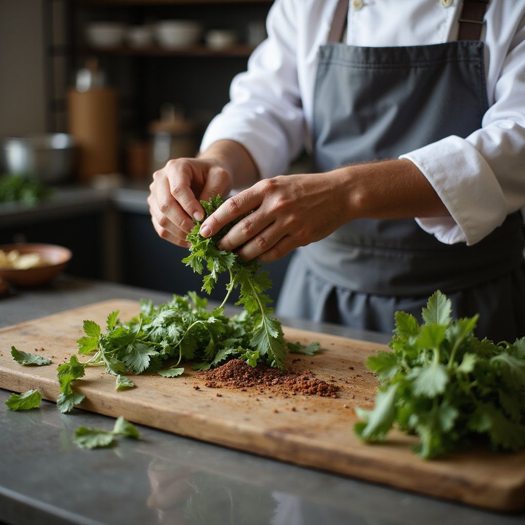 Chef in white coat and gray apron, chopping herbs on a wooden cutting board in a kitchen.