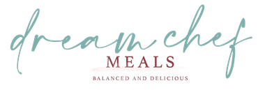 Dream Chef Meals logo in script, teal lettering on white. 
