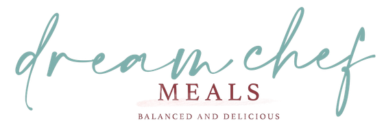 Dream Chef Meals logo in script, teal lettering on white. 