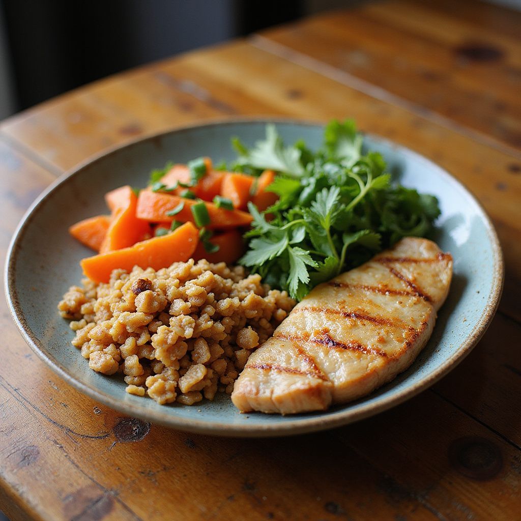 Plate of food: grilled chicken, grains, carrots, and parsley on a wooden table.