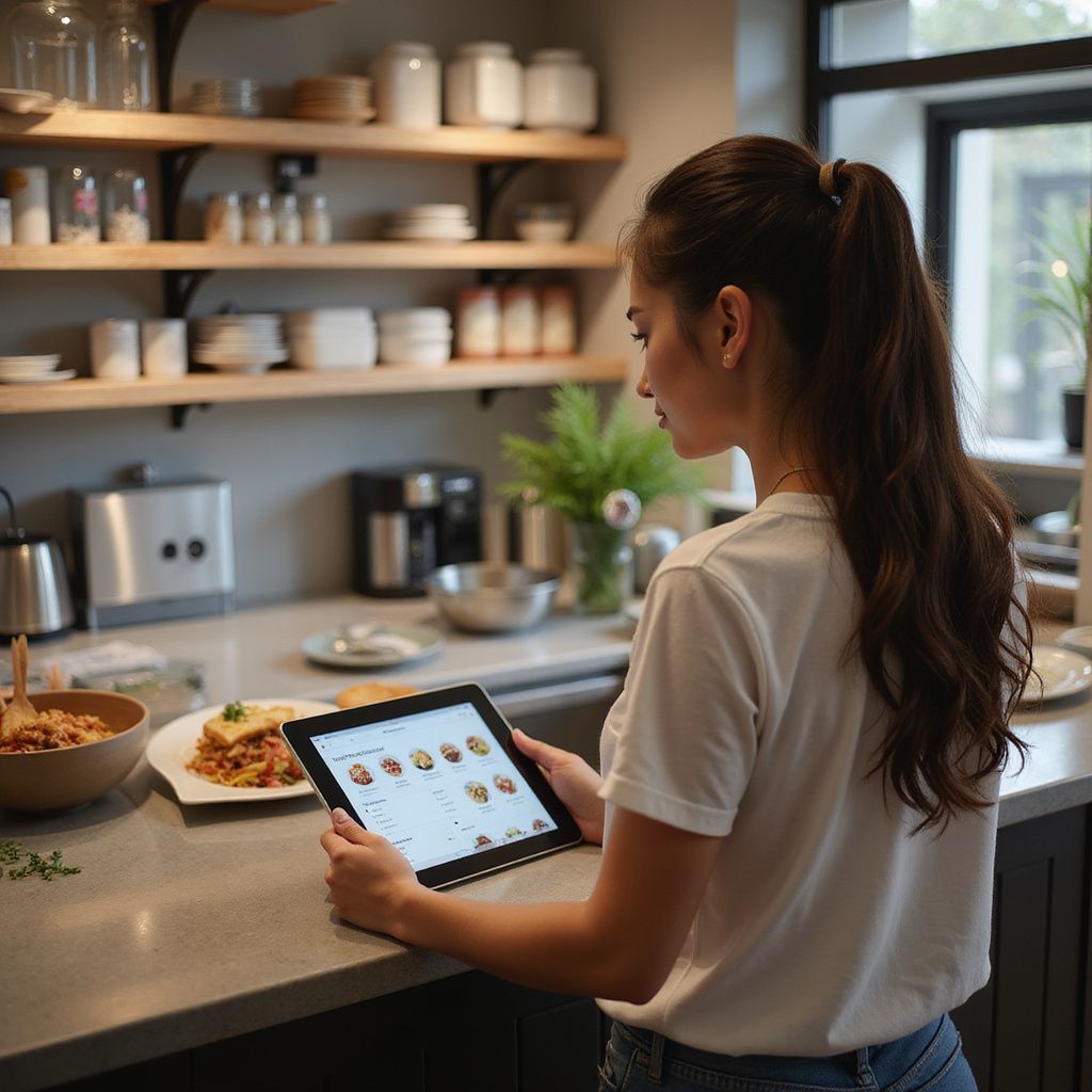 Woman in a kitchen looking at a tablet with a recipe. Food and kitchen appliances are visible.