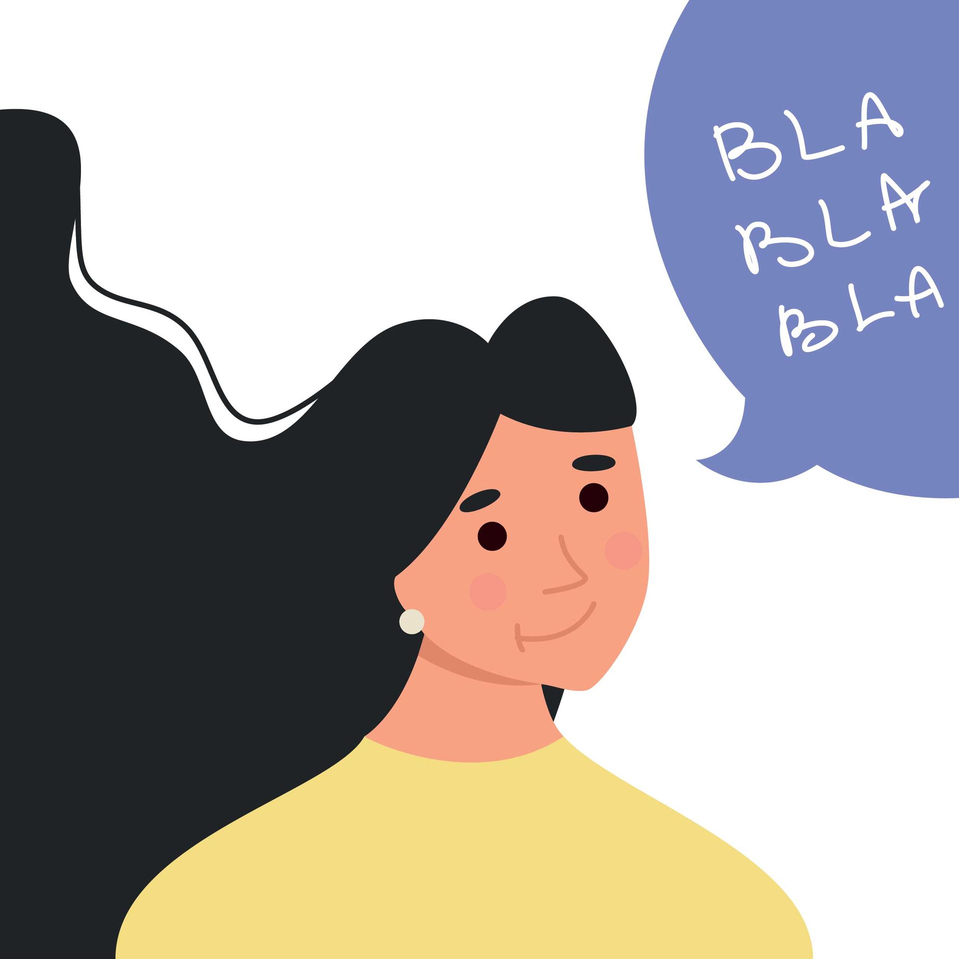 Una donna con lunghi capelli neri parla in un fumetto.