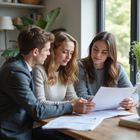 A man in a suit and two women review paperwork at a table. Bright indoor setting.