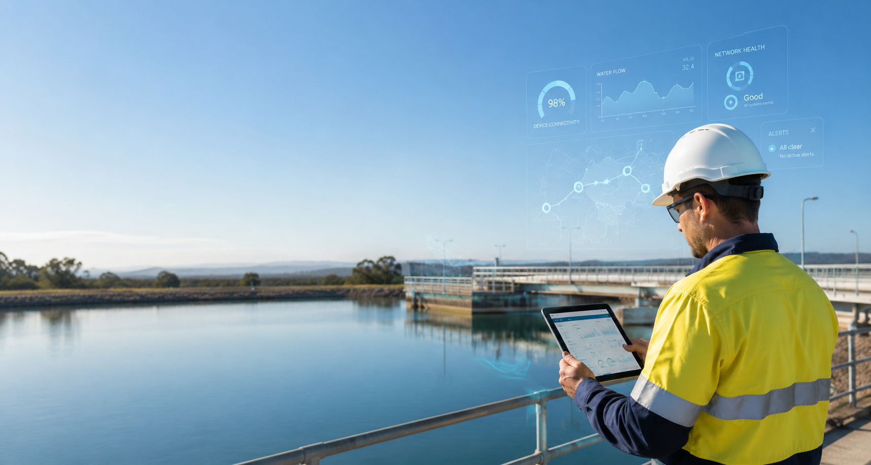 Engineer in hard hat and yellow vest using a tablet by a calm water treatment facility
