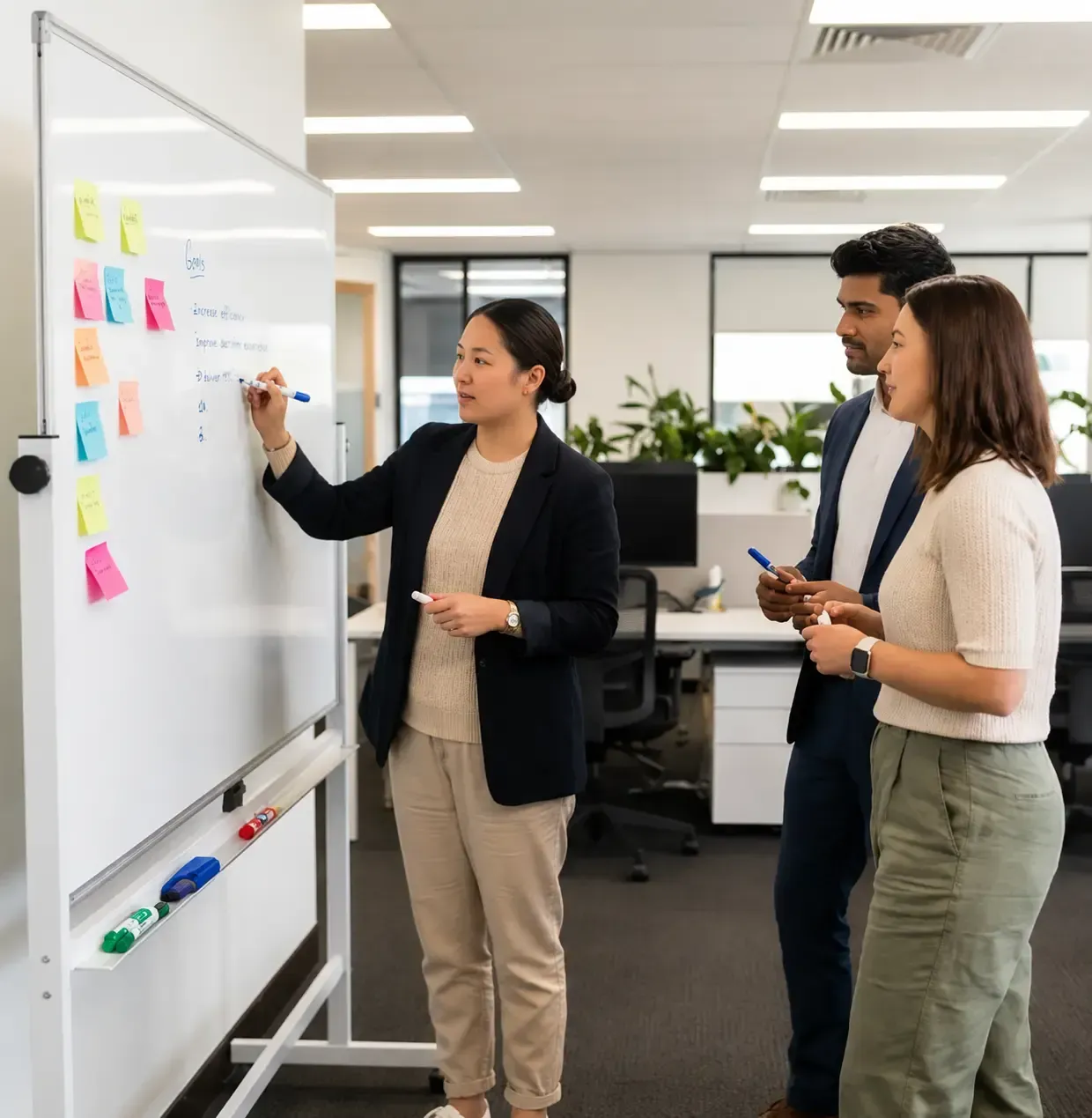 Colleagues in an office meeting, discussing ideas at a whiteboard with sticky notes.