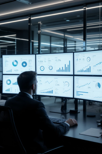 Person viewing multiple data dashboards on large monitors in a modern office.