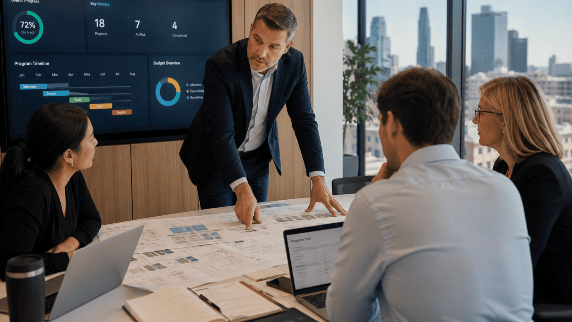 Business meeting with team reviewing charts on a table and a man presenting beside a wall screen