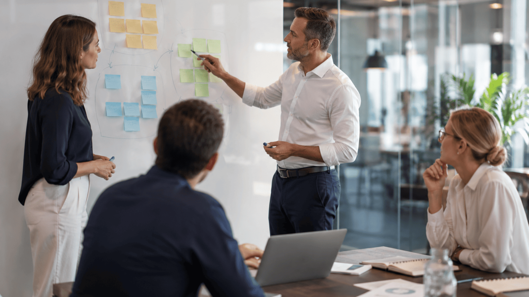 Team meeting in a glass office, with a man presenting ideas on a whiteboard while colleagues listen.