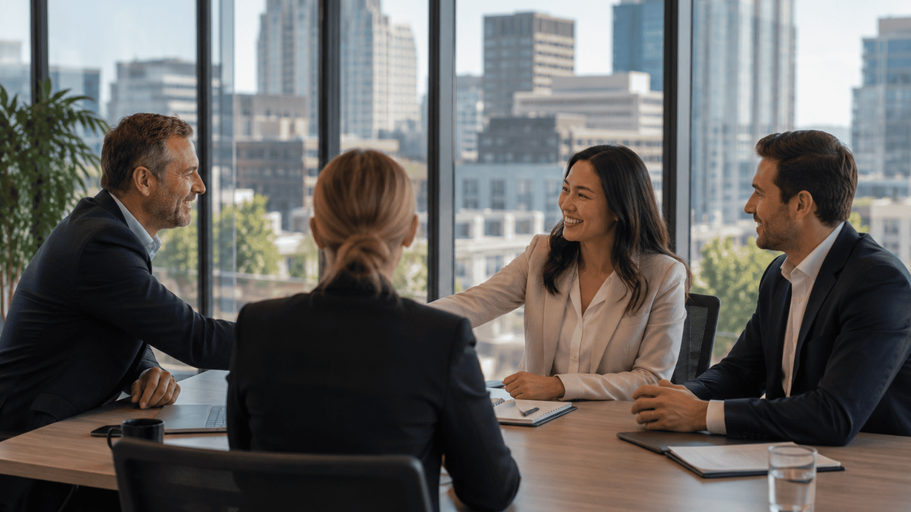 Four professionals in a conference room discussing business with a city skyline behind them