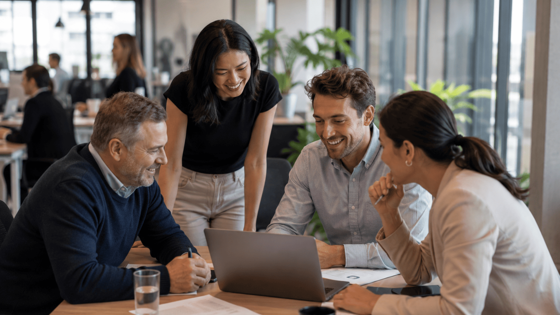 Four coworkers gather around a laptop in a modern office, discussing work and smiling.