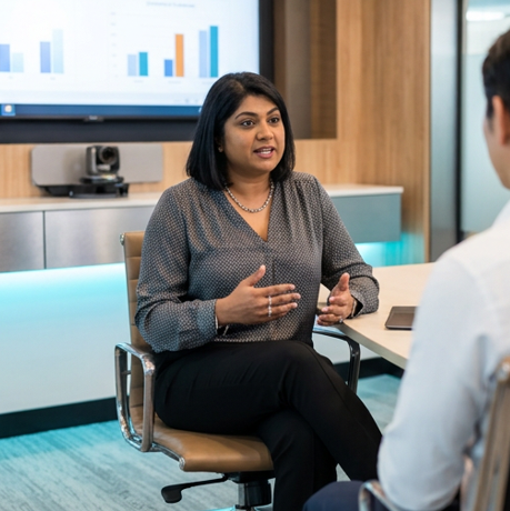 Woman speaking in a modern office, seated across from a colleague during a discussion.