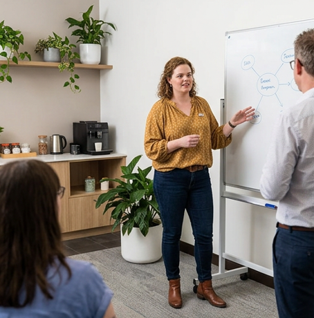 Presenter speaking beside a whiteboard in a bright office meeting room