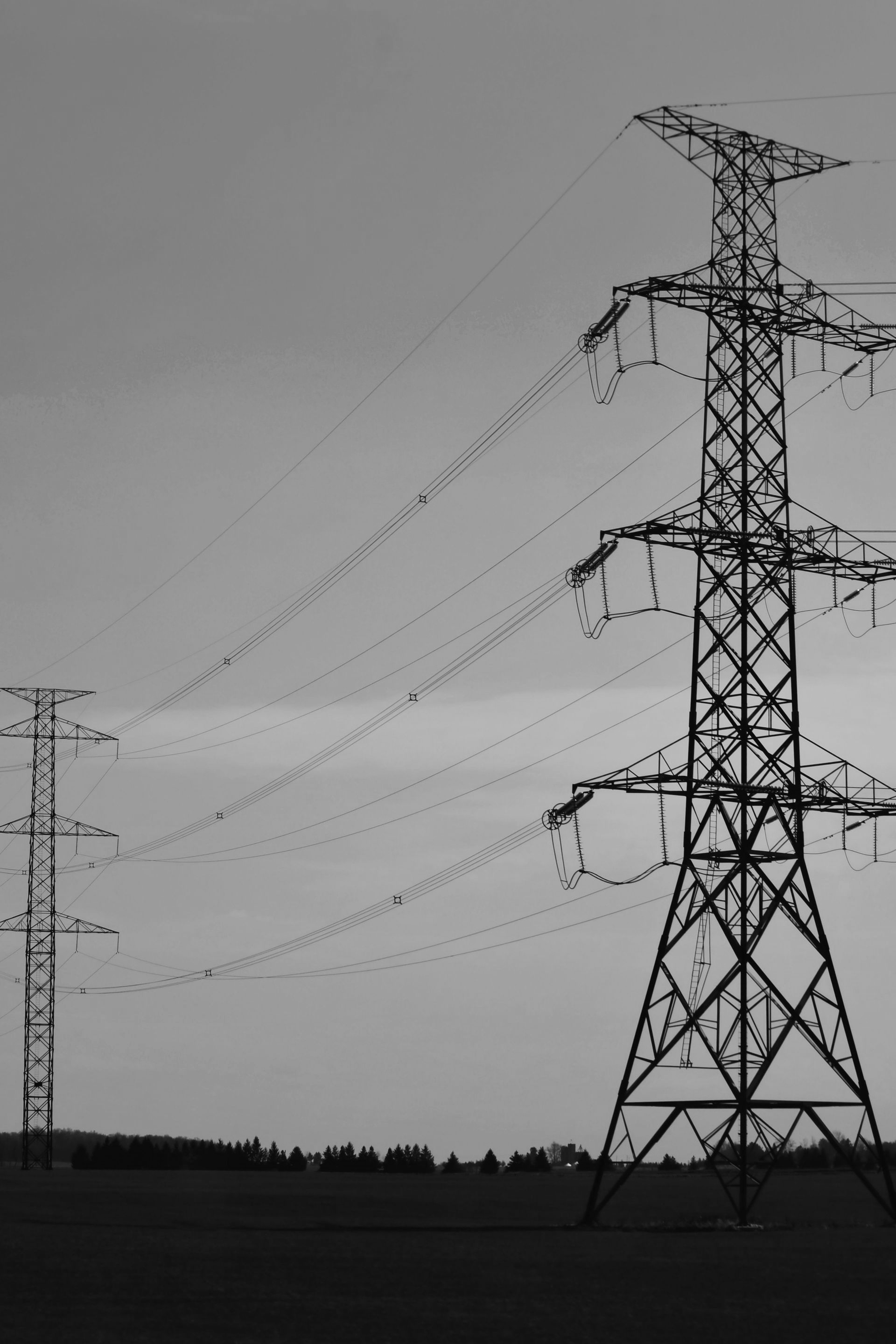 Power lines and a tall transmission tower in a field under a gray sky