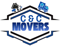 C & C Movers logo with blue text, house roof outline, and moving truck and boxes icons