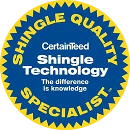 Blue and yellow CertainTeed Shingle Technology Specialist badge with starburst border