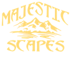 Gold &ldquo;Majestic Scapes&rdquo; logo with stylized mountain peaks and sunburst on a white background