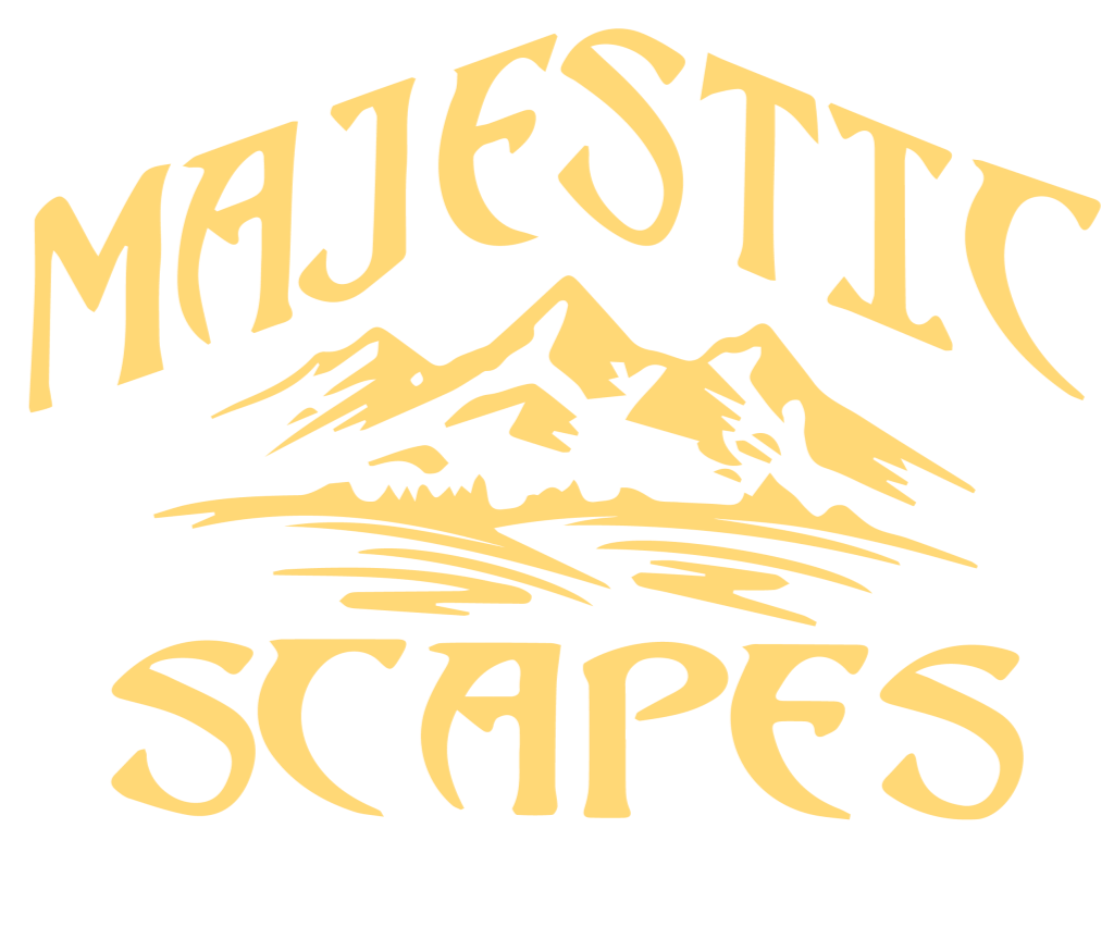 Gold “Majestic Scapes” logo with stylized mountain peaks and sunburst on a white background