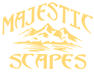 Gold “Majestic Scapes” logo with stylized mountain peaks and sunburst on a white background