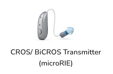 A picture of a hearing aid with the words cros / bicros transmitter ( microrie ) below it