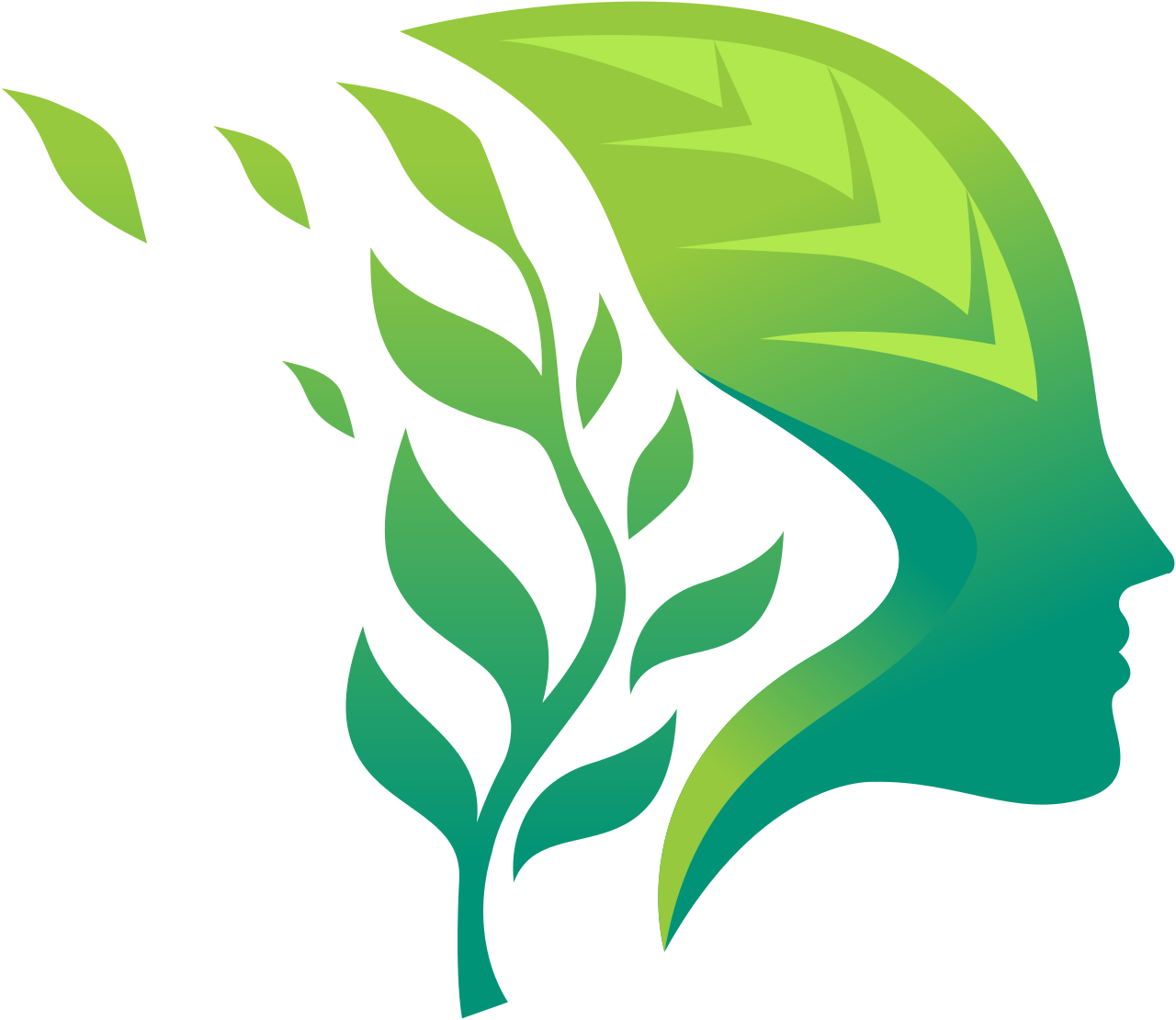 Green profile silhouette made of leaves, symbolizing eco-friendly mental wellness.