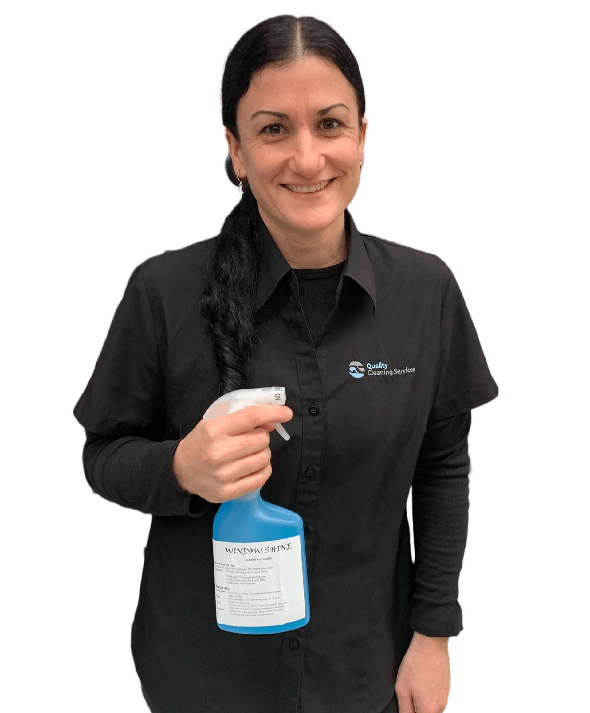 A woman in a black shirt is holding a spray bottle.