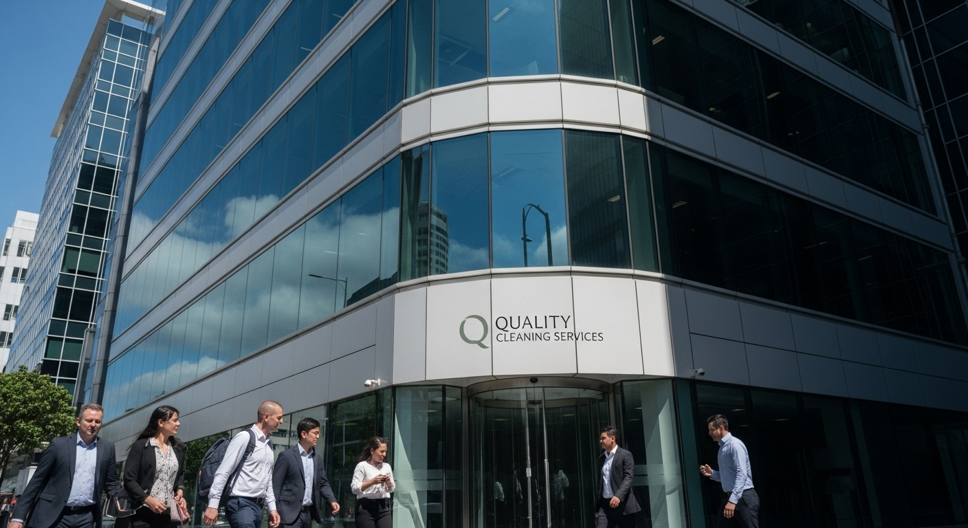 People walking past a modern glass office building with a curved corner entrance