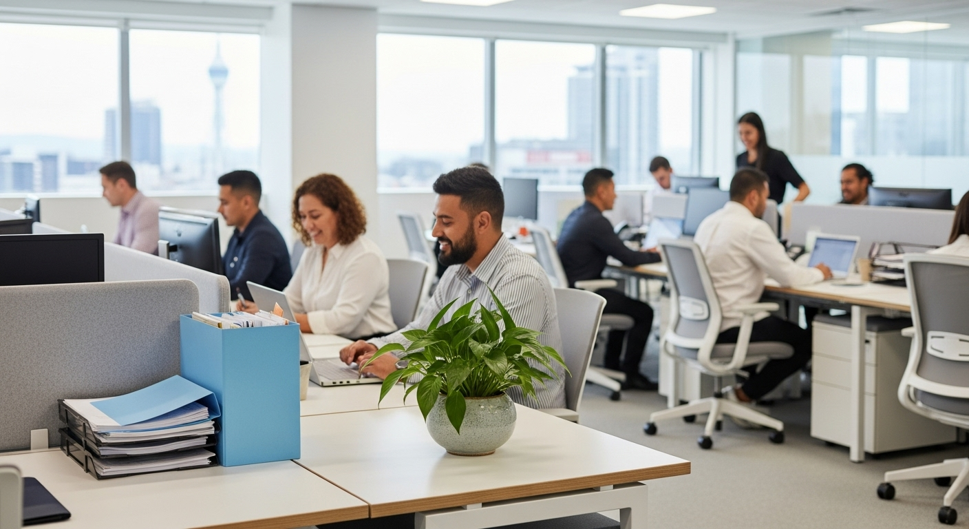 Office workers collaborating in a bright open-plan workspace with desks, computers, and plants