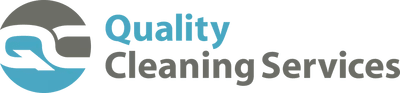 The logo for quality cleaning services is blue and gray.